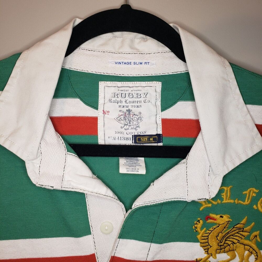 Ralph Lauren Rugby Y2K WELSH DRAGON Shirt Men M Stripe Logo Green White Red - Picture 3 of 6